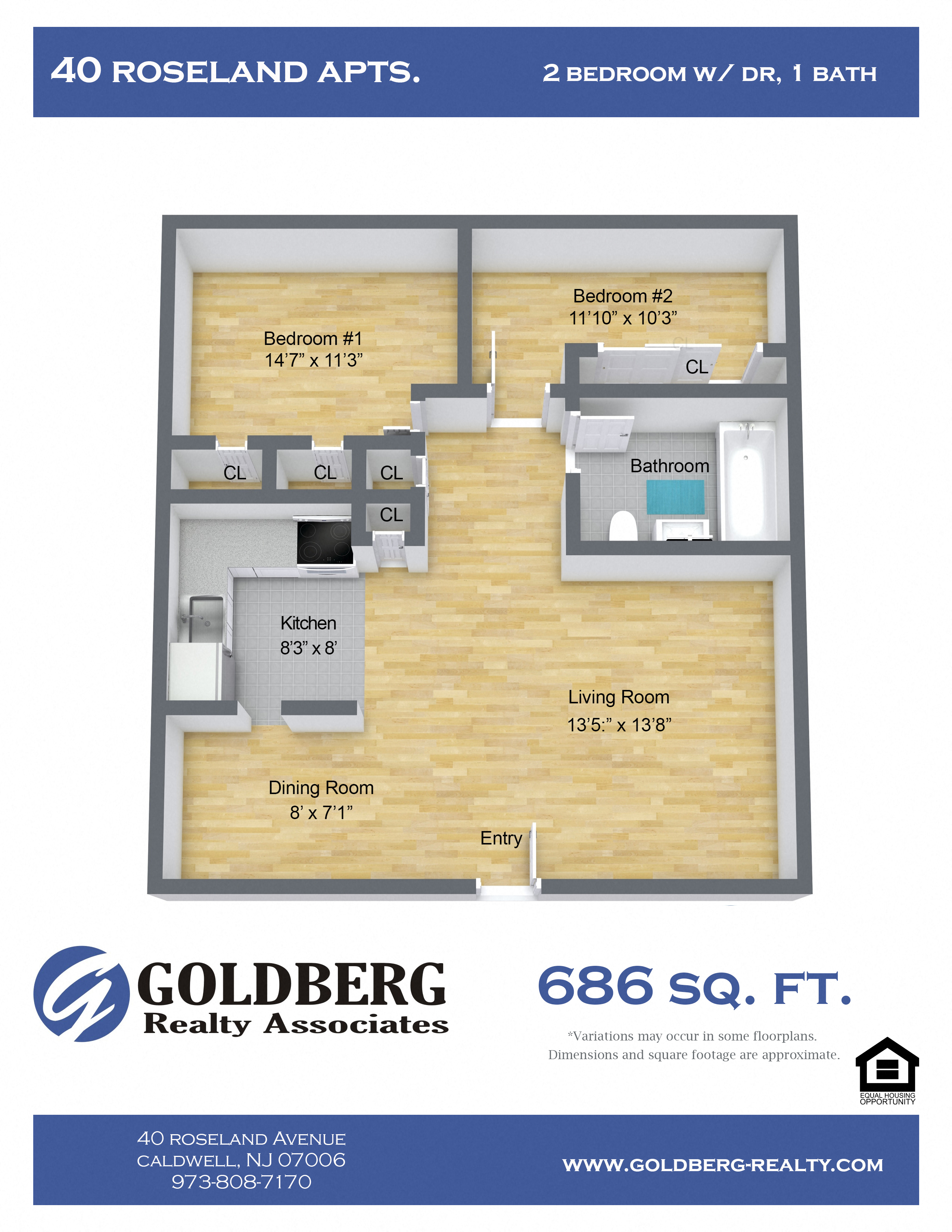 Floor plan for 2 beds, 1 bath, 686 sqft